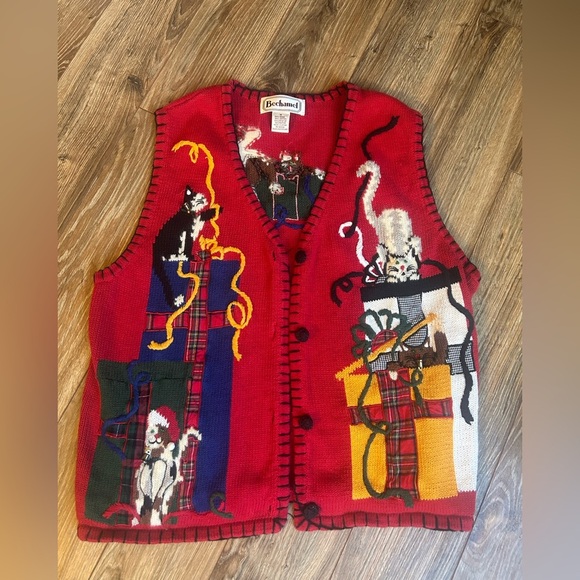 Vintage Bechamel Ugly Christmas Sweater Vest 1990s Crazy Kitty Cats Size M - Picture 1 of 8